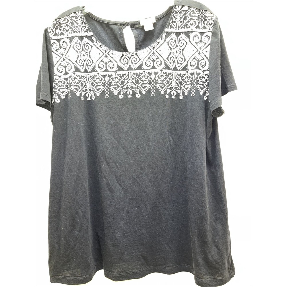 J.CREW Blouse Womens Med Blue Basic Embroidery Trimmed Round Neck Short Sleeves